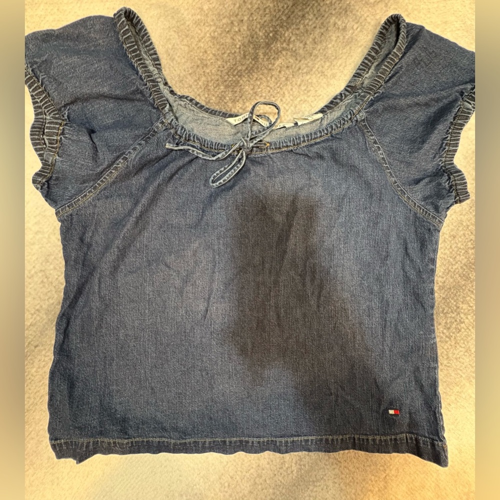 (A4) Tommy Hilfiger‎ Denim Peasant Top Short Sleeve Tie Front Blouse Top 12